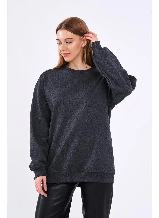 mmetalic Anthracite Women's Cotton Oversized Basic Crew Neck Sweatshirt