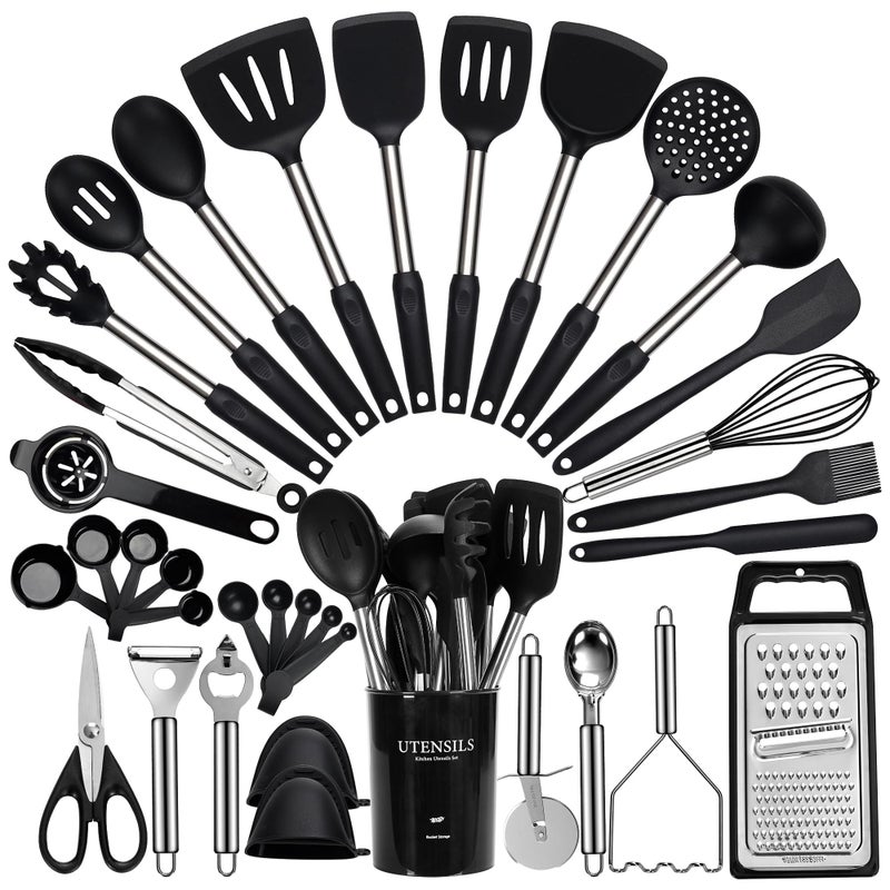 Fyvva Large Cooking Utensils Set, 35 Pcs Silicone Kitchen Utensils Set with Holder, Stainless Steel Handle Spatula Set, Heat Resistant Food Grade Silicone Kitchen Gadgets for Non-stick Cookware (Black) - Image 1