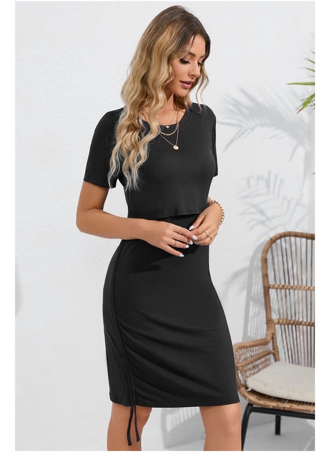 Sosolism - 4 in 1 Women's Maternity Nursing T-Shirt Dress for Breastfeeding Solid Short Sleeve Top Black - Image 1