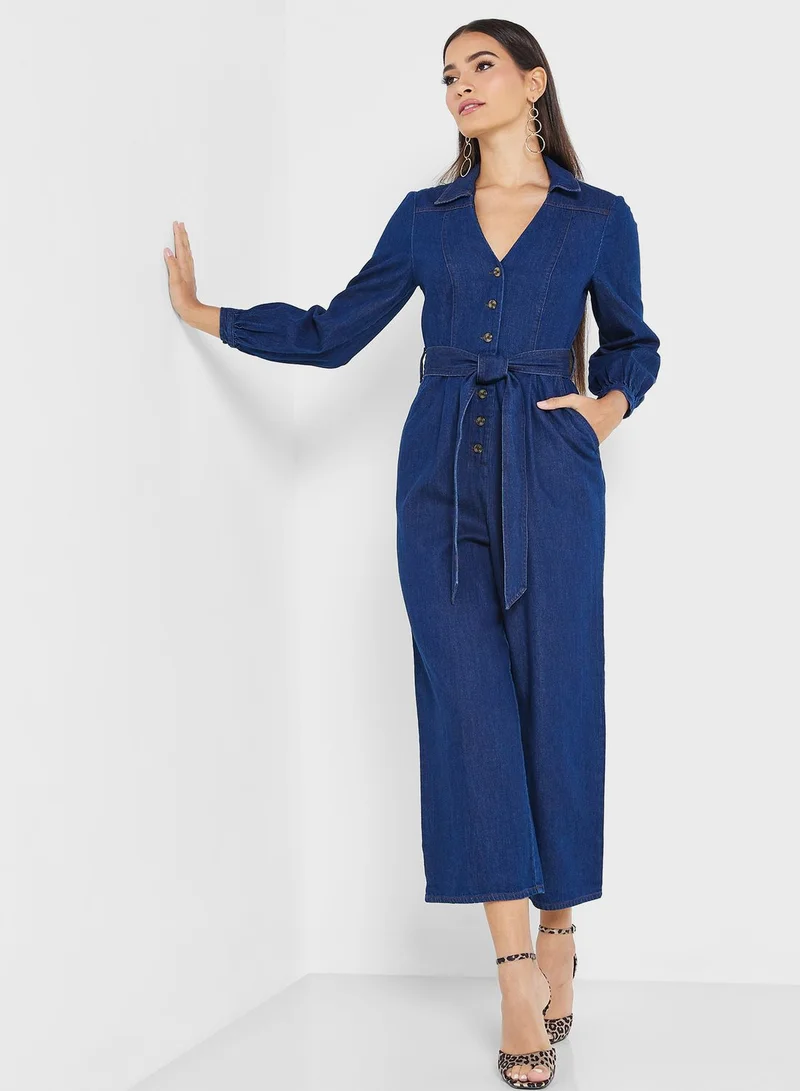 WHISTLES Belted Denim Jumpsuit