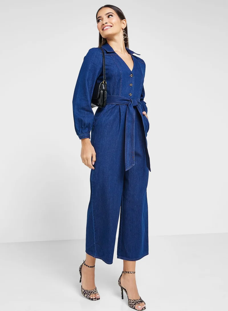 WHISTLES Belted Denim Jumpsuit