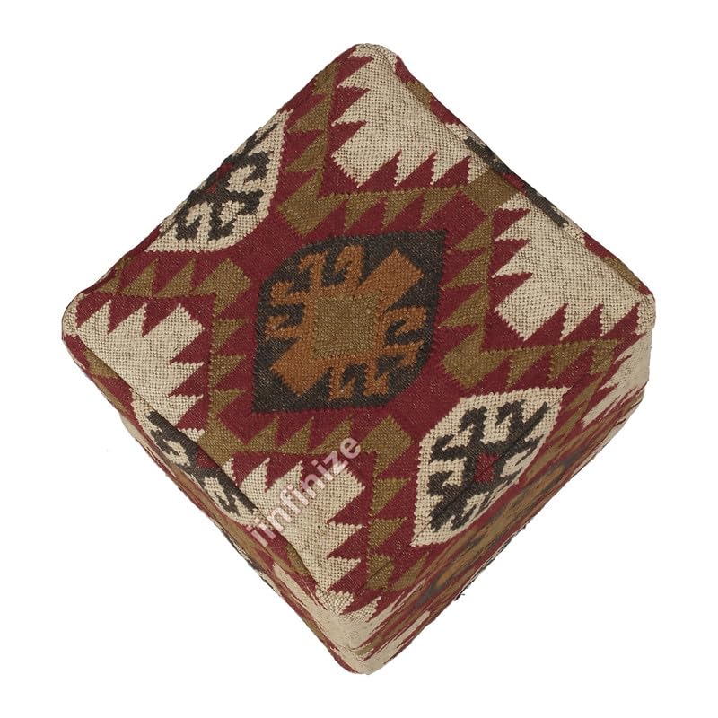 iinfinize Turkish Ottoman Cover Wool Jute Square Footrest Stool Decorative Kilim Muddha Handwoven Rustic Bean Bag Stylish Accent for Any Room Bohemian Boho Pouffe Pouf Cover - Image 2