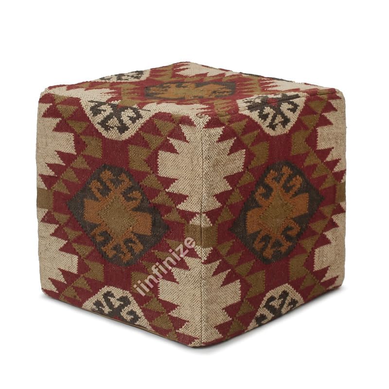iinfinize Turkish Ottoman Cover Wool Jute Square Footrest Stool Decorative Kilim Muddha Handwoven Rustic Bean Bag Stylish Accent for Any Room Bohemian Boho Pouffe Pouf Cover - Image 3