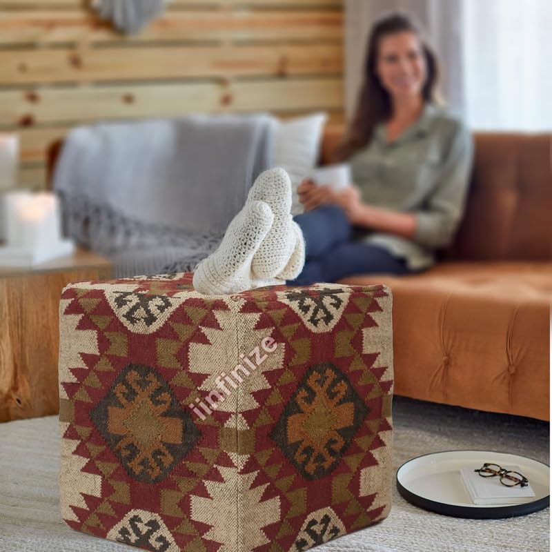 iinfinize Turkish Ottoman Cover Wool Jute Square Footrest Stool Decorative Kilim Muddha Handwoven Rustic Bean Bag Stylish Accent for Any Room Bohemian Boho Pouffe Pouf Cover - Image 1