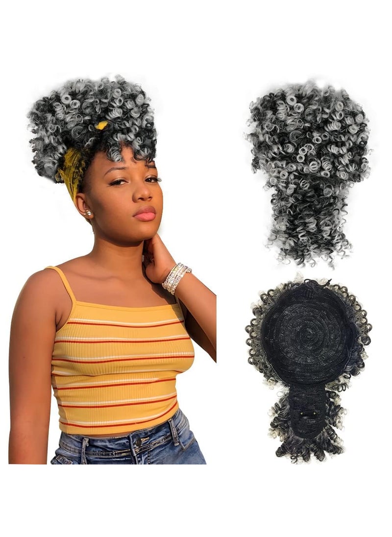 MODSIGHT MODSIGHT Afro Puff Drawstring Ponytail with Bangs Black to Grey Kinky Curly Ponytail Bun with Bangs Updo Hairpieces Short Afro Puffs with Bang for Black Women Black to Grey 1BTGrey 