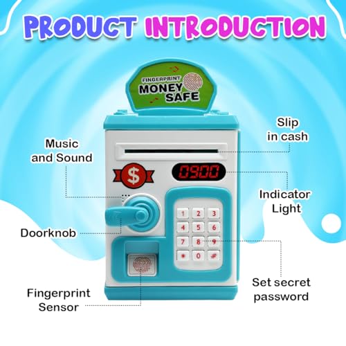 Gooyo GY-3011 Toy Money Bank with Fingerprint Sensor & Password Protection Feature | Money Safe Toy with Sound Effects | Money Saving Toy for Kids | Blue, Power Source : 3xAA Batteries (Not Included) - Image 2