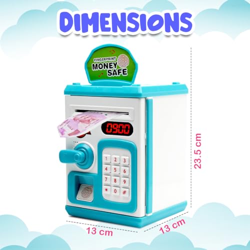 Gooyo GY-3011 Toy Money Bank with Fingerprint Sensor & Password Protection Feature | Money Safe Toy with Sound Effects | Money Saving Toy for Kids | Blue, Power Source : 3xAA Batteries (Not Included) - Image 3