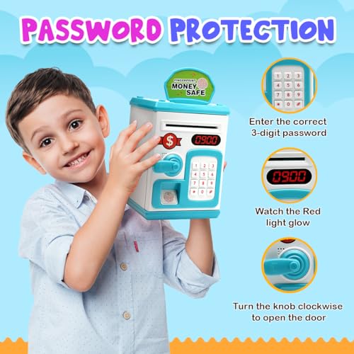 Gooyo GY-3011 Toy Money Bank with Fingerprint Sensor & Password Protection Feature | Money Safe Toy with Sound Effects | Money Saving Toy for Kids | Blue, Power Source : 3xAA Batteries (Not Included) - Image 4