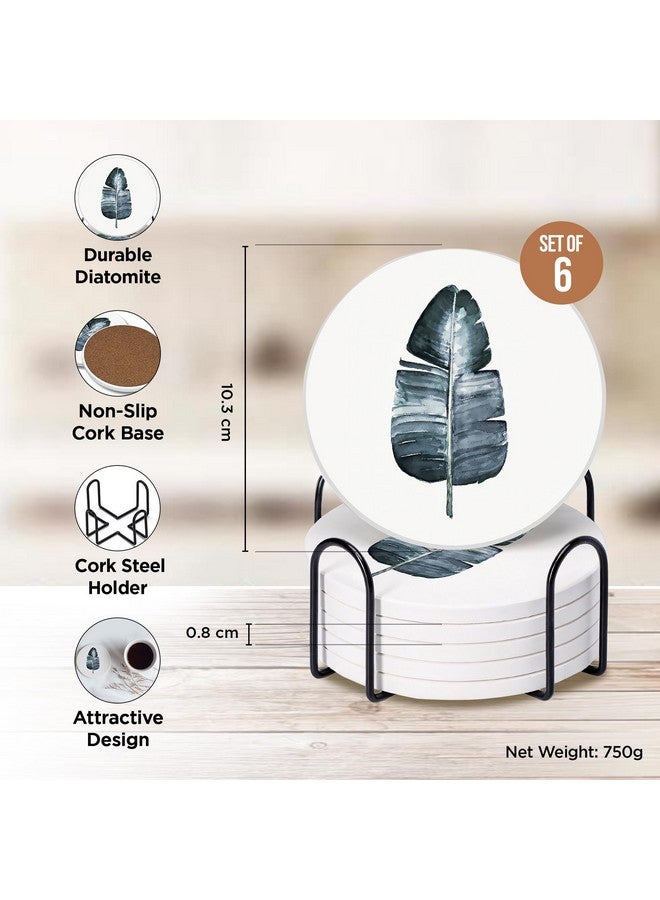 Urbane Home Urbane Home Set of 6 Diatomite Leaf Print Round Coasters with Cork Steel Holder Stand for Hot Pots - Water Absorbent Tea Cup & Water Glass Cover Top Lid | White-SOV005-04  - Image 3