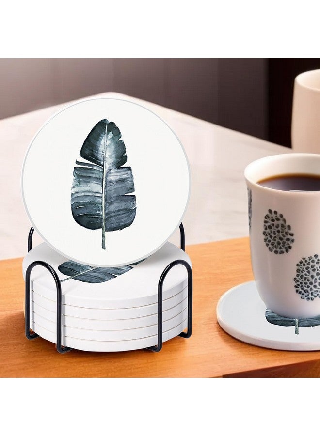 Urbane Home Urbane Home Set of 6 Diatomite Leaf Print Round Coasters with Cork Steel Holder Stand for Hot Pots - Water Absorbent Tea Cup & Water Glass Cover Top Lid | White-SOV005-04  - Image 1
