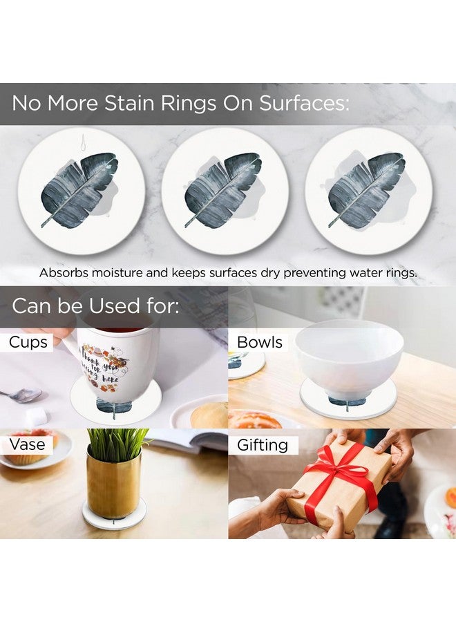 Urbane Home Urbane Home Set of 6 Diatomite Leaf Print Round Coasters with Cork Steel Holder Stand for Hot Pots - Water Absorbent Tea Cup & Water Glass Cover Top Lid | White-SOV005-04  - Image 4