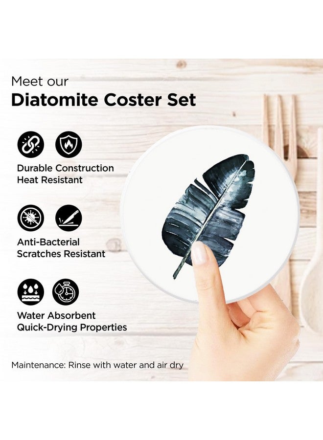 Urbane Home Urbane Home Set of 6 Diatomite Leaf Print Round Coasters with Cork Steel Holder Stand for Hot Pots - Water Absorbent Tea Cup & Water Glass Cover Top Lid | White-SOV005-04  - Image 2