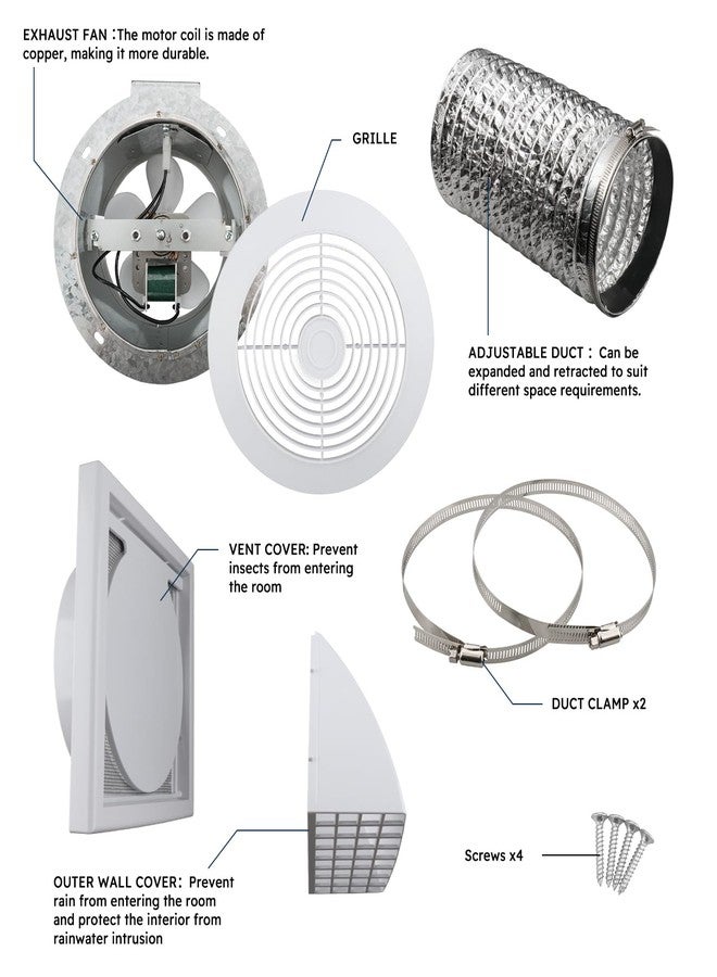 Quini 512M 6-inch Through Wall Exhaust Fan, 80 CFM 4.0 Sones, Bathroom Wall Exhaust Fan, Kitchen Ventilation Fan, 6-inch Diameter Vent, Retractable Duct - Image 4