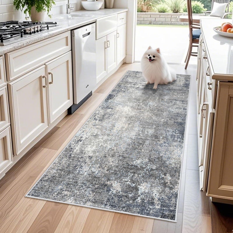 BYYVOO 3x6 Washable Kitchen Runner Rug - Non Slip Stain Resistant Low-Pile Thin Wide Carpet Runners for Entryway Hallway Bathroom Bedside,Modern Neutral Abstract(Blue Grey,3x6) - Image 1