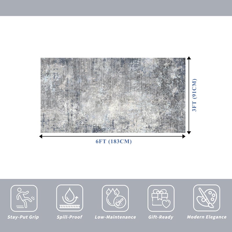 BYYVOO 3x6 Washable Kitchen Runner Rug - Non Slip Stain Resistant Low-Pile Thin Wide Carpet Runners for Entryway Hallway Bathroom Bedside,Modern Neutral Abstract(Blue Grey,3x6) - Image 2