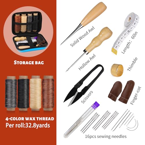 MORFEN Leather Sewing Kit, Leather Stitching Kit with Sewing Awl, Needles, Waxed Thread, Upholstery Repair Kit, Heavy Duty Sewing Tools for Hand Stitching Car Seats, Sofa, Carpets, Shoes, DIY Craft - Image 3