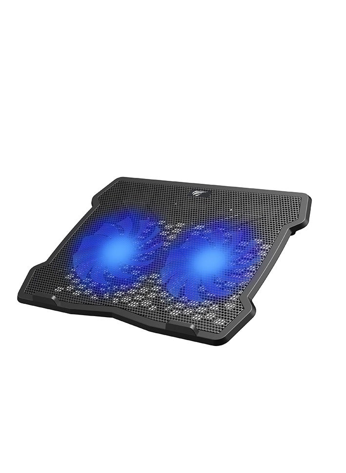 هافيت Cooling Pad Laptop Model F2075 ,With  LED blue light effect, powerful 2 fans, even heat dissipation , for laptops under 15.6 inches , made of iron mesh panel material , can use it in home , office , bedroom - Image 1
