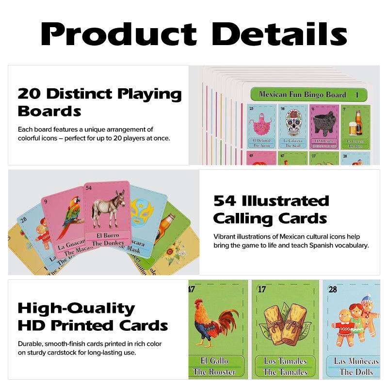 Ambercalm Mexican Bingo Games Set in Spanish English for 20 Players,Millennial Bilingual Puerto Rico Game Cards,Baraja Mexicana Juegos para Baby Shower,20 Playing Boards and Full Deck of Calling Cards - Image 3
