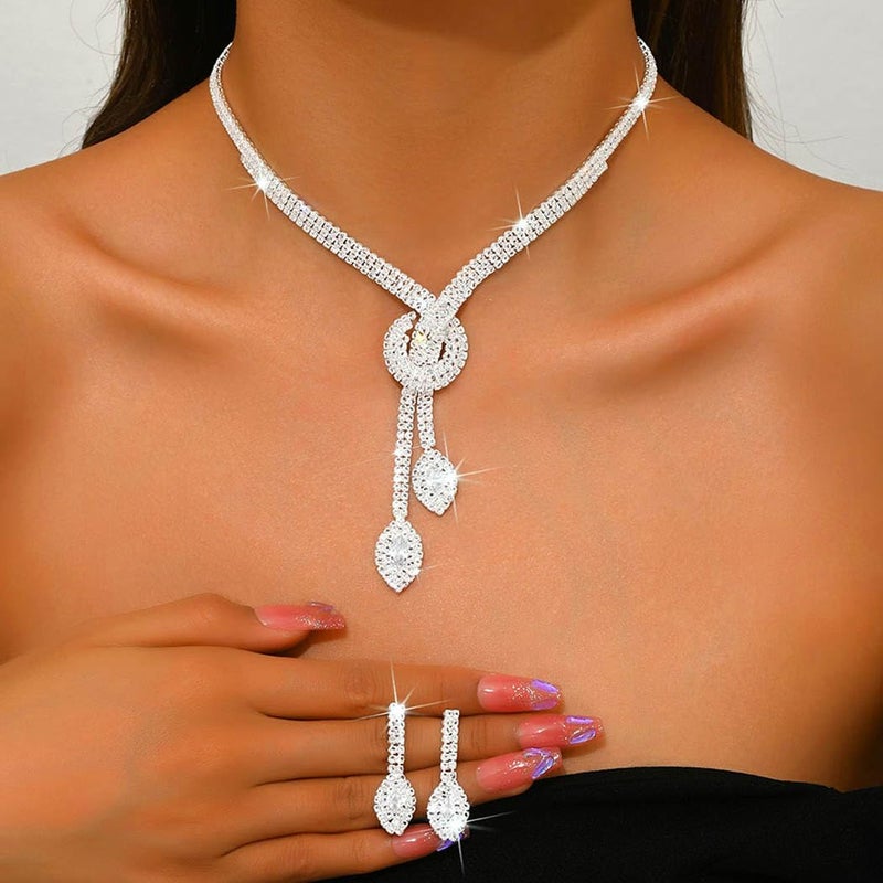 Unicra Silver Rhinestone Bridal Wedding Jewelry Set Crystal Necklace Earrings Sets Formal Prom Costume Jewelry Sets for Women and Brides (Silver) - Image 3