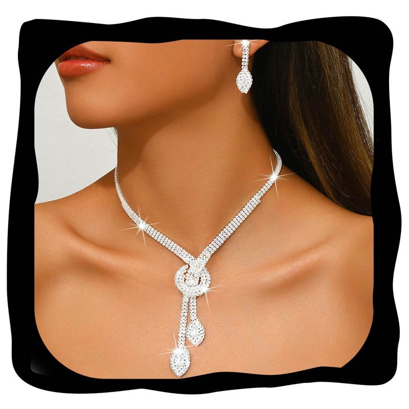 Unicra Silver Rhinestone Bridal Wedding Jewelry Set Crystal Necklace Earrings Sets Formal Prom Costume Jewelry Sets for Women and Brides (Silver) - Image 1