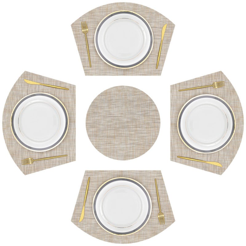 SHACOS Large Size Wedge Shape Placemats with Centerpiece Round Mat Set of 5 Round Table Place Mats Washable Dining Table Placemats Reversible, Beige - Image 1