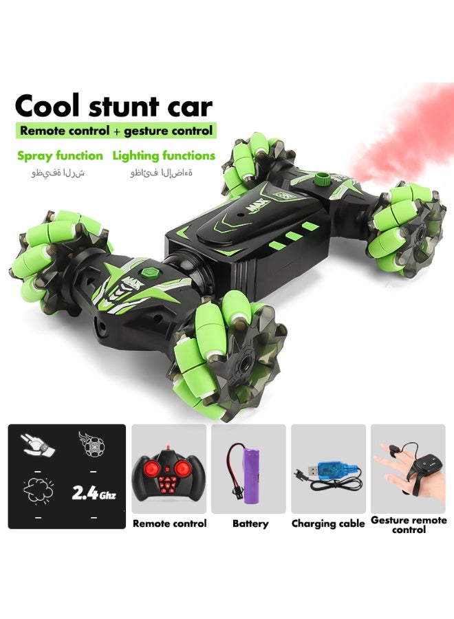 سيارة أكروباتية يتم التحكم فيها عن بعد مزودة بوظيفة الرش، وتتميز بجهاز تحكم يدوي وجهاز تحكم عن بعد على شكل ساعة يدوية مزود بمستشعر للجاذبية. مركبة قابلة للتحويل ثنائية الوضع مزودة بإطارات مخصصة لتناسب مختلف أنواع التضاريس. - Image 1