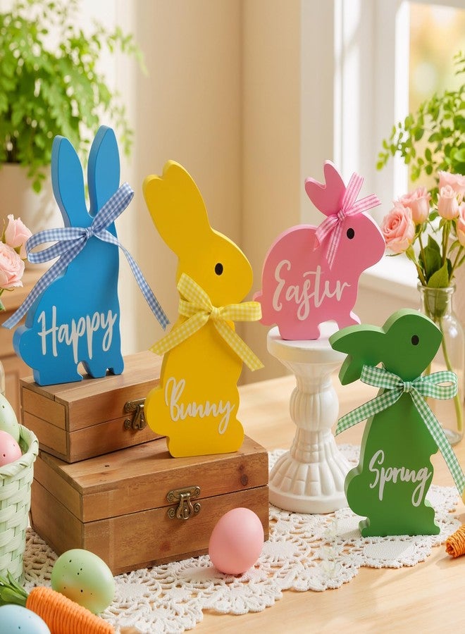 Olanrun Easter Decor, 4 Pcs Bunny Spring Easter Decorations for Home Office Table, 5~6.4 Inches Wood Rabbit Easter Decorations Sign with Ribbons for Tiered Tray Mantel Shelf, Farmhouse Party Supplies - Image 1