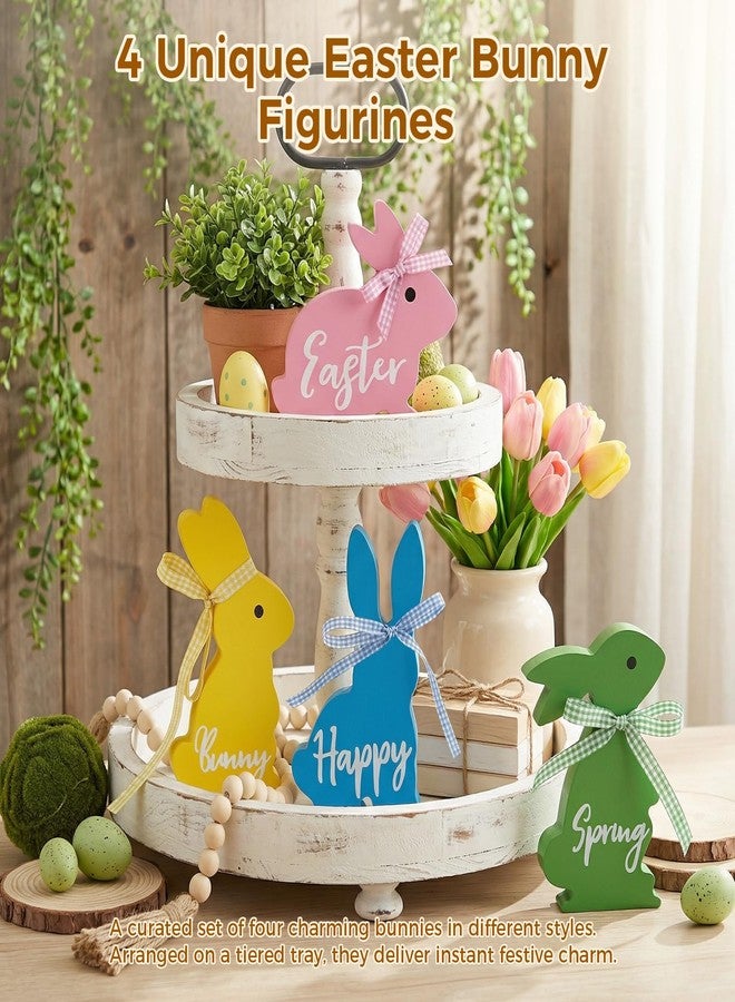 Olanrun Easter Decor, 4 Pcs Bunny Spring Easter Decorations for Home Office Table, 5~6.4 Inches Wood Rabbit Easter Decorations Sign with Ribbons for Tiered Tray Mantel Shelf, Farmhouse Party Supplies - Image 2