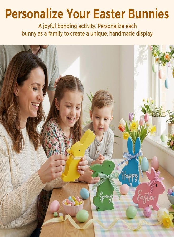 Olanrun Easter Decor, 4 Pcs Bunny Spring Easter Decorations for Home Office Table, 5~6.4 Inches Wood Rabbit Easter Decorations Sign with Ribbons for Tiered Tray Mantel Shelf, Farmhouse Party Supplies - Image 4