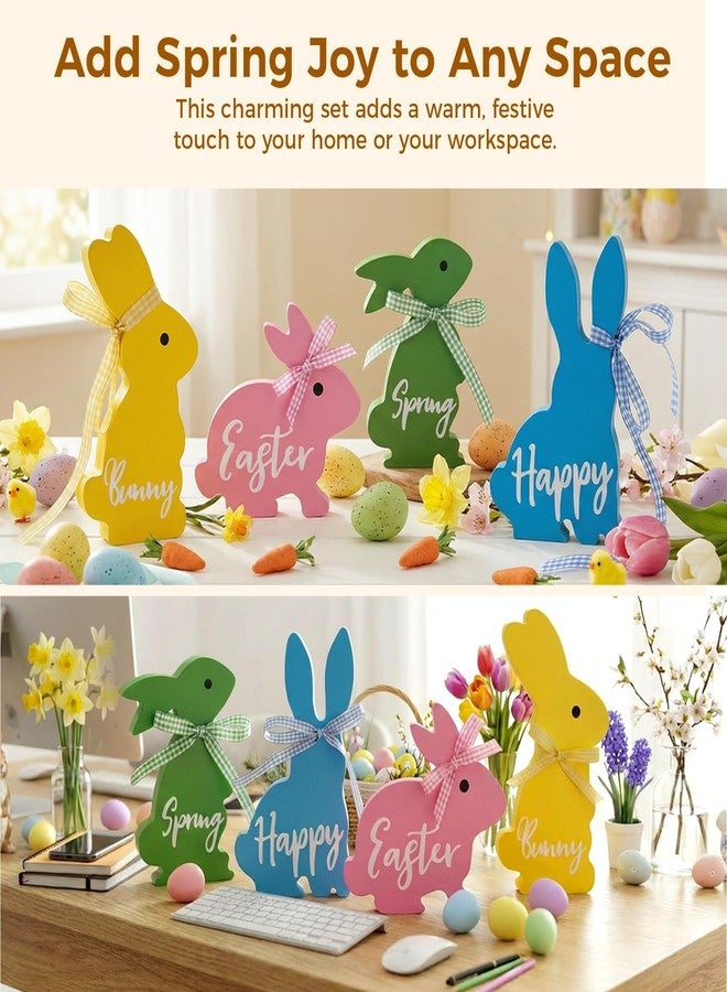 Olanrun Easter Decor, 4 Pcs Bunny Spring Easter Decorations for Home Office Table, 5~6.4 Inches Wood Rabbit Easter Decorations Sign with Ribbons for Tiered Tray Mantel Shelf, Farmhouse Party Supplies - Image 5