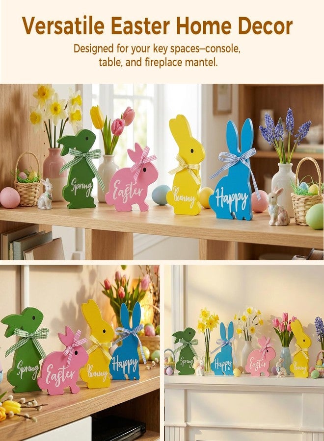 Olanrun Easter Decor, 4 Pcs Bunny Spring Easter Decorations for Home Office Table, 5~6.4 Inches Wood Rabbit Easter Decorations Sign with Ribbons for Tiered Tray Mantel Shelf, Farmhouse Party Supplies - Image 3