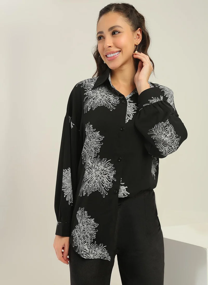 جلو باص Globus Women Black Floral Print Collared Neck Cuffed Sleeves Curved Hem Shirt
