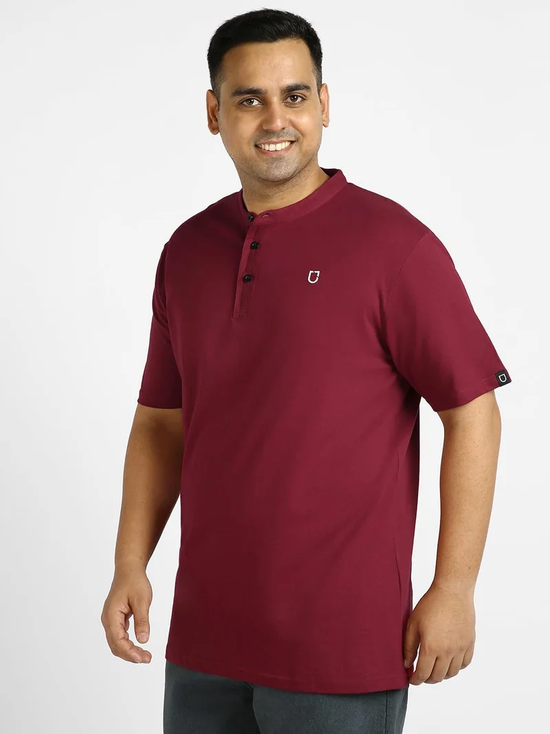 Urbano Fashion  Urbano Plus Men's Maroon Solid Mandarin Collar Regular Fit Half Sleeve Cotton T-Shirt  | Best Price UAE