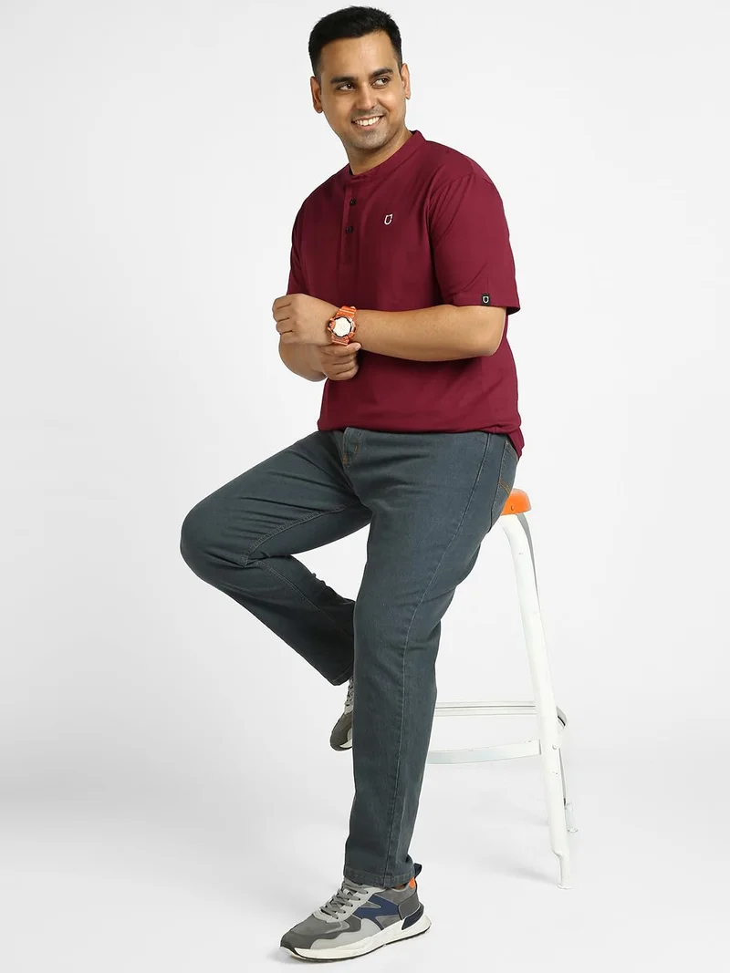 Urbano Fashion  Urbano Plus Men's Maroon Solid Mandarin Collar Regular Fit Half Sleeve Cotton T-Shirt  | Best Price UAE