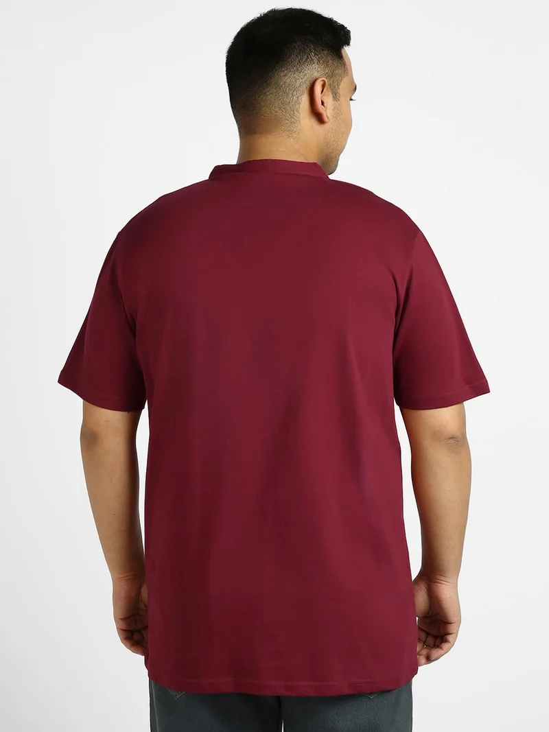 Urbano Fashion  Urbano Plus Men's Maroon Solid Mandarin Collar Regular Fit Half Sleeve Cotton T-Shirt  | Best Price UAE