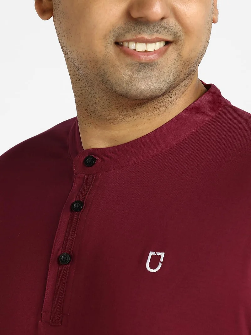 Urbano Fashion  Urbano Plus Men's Maroon Solid Mandarin Collar Regular Fit Half Sleeve Cotton T-Shirt  | Best Price UAE