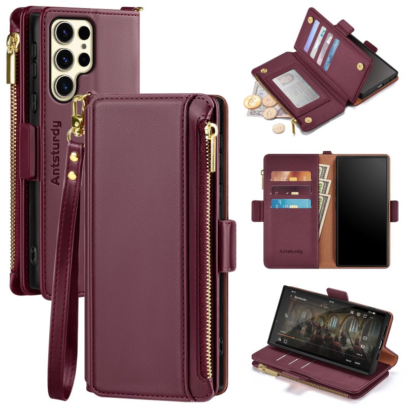 Antsturdy Compatible with Samsung Galaxy S25 Ultra Wallet Case with Card Holder,PU Leather Phone Case Flip Protective Cover RFID Blocking Wrist Strap Credit Card Slots Kickstand Men Women,Wine Red - Image 1