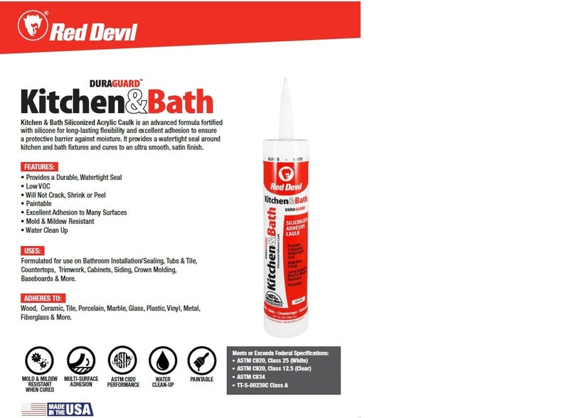 Red Devil 0406 Silicone Acrylic Caulk & Sealant, 100% Waterproof, Paintable, White Caulking for Kitchen, Bathroom, Window, With Duraguard, 5.5 oz, White, Made in USA - Image 2