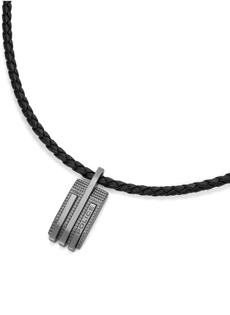 POLICE Police Gripcord Black Leather Gun Metal Stainless Steel Pendant Gents Necklace