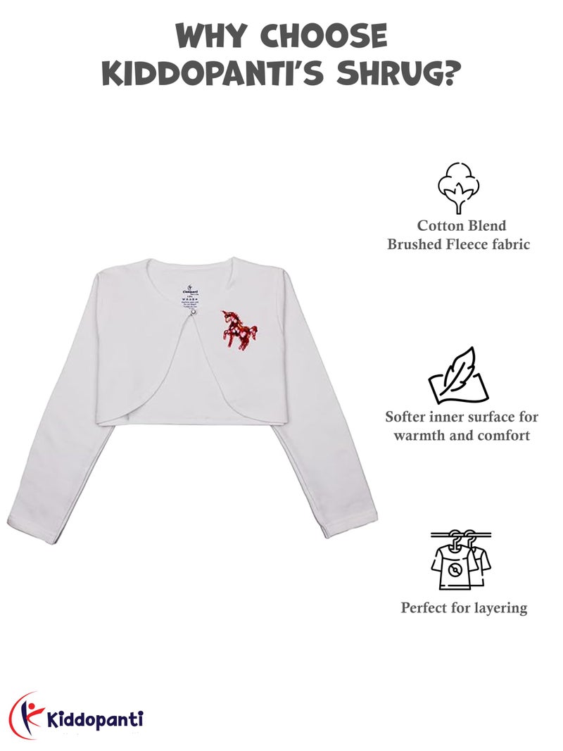KiddoPanti Girls Crop Length Shrug | Cotton Poly Fleece Fabric |Sequin Patch on Chest | Front Open Pearl Button Closure | Crop Length, Full Sleeve | Girls Shrug,Grey Melange Star - 12-14Y - Image 2