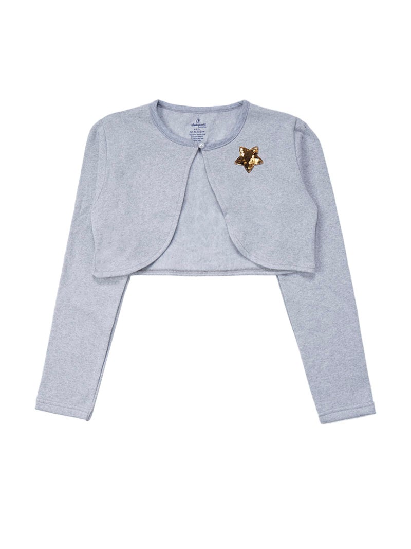 KiddoPanti Girls Crop Length Shrug | Cotton Poly Fleece Fabric |Sequin Patch on Chest | Front Open Pearl Button Closure | Crop Length, Full Sleeve | Girls Shrug,Grey Melange Star - 12-14Y - Image 1