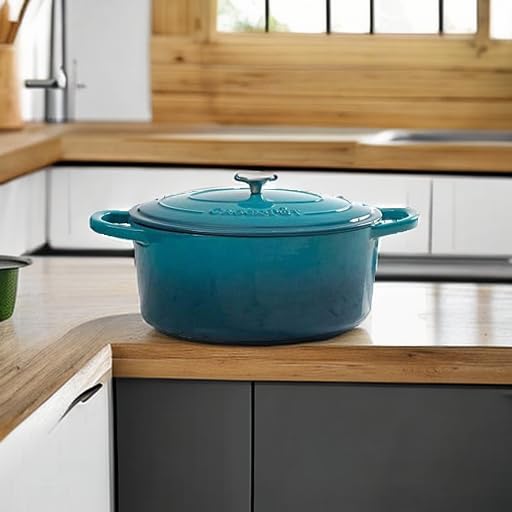 Crock-Pot Artisan 5-Quart Round Enameled Cast Iron Dutch Oven – Teal Ombre, Durable Heavy-Duty Cookware for Slow Cooking, Roasting, Baking with Lid - Image 5