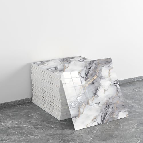 LVSHI 20pcs Marble Peel and Stick Waterproof PVC Shower Wall Panels Bathroom Backsplash Tile Stick on Wall for Bedoom Kitchen 118x118 Gray and White with Light Gold Lines194 SqFt - Image 1