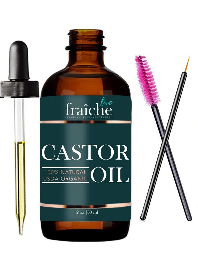 Live Fraiche - Castor Oil Organic (2Oz) + Free Mascara Starter Kit. Usda Certified 100% Pure Cold Pressed Hexane Free Grow Eyelashes And Eyebrows. Condition Hair. Lash Growth Serum. Brow Treatment - Image 1