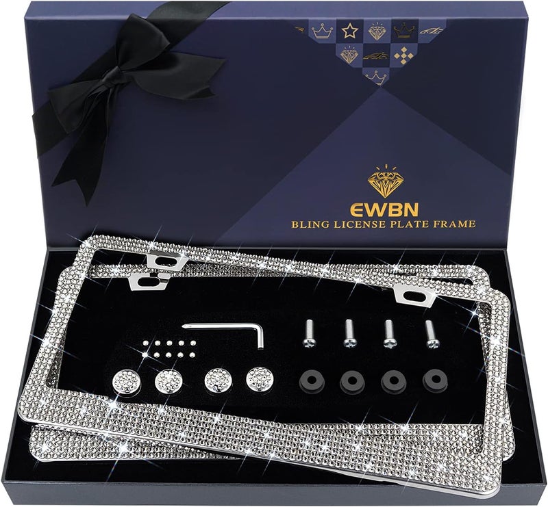 EWBN Bling Rhinestone License Plate Frame for Women 2PC，Diamond Sparkly License Plate Frames| Stainless Steel Frames & Over 1200 pcs Finest 14 Facets Black Glass Crystals Premium Diamond+GiftBox(White) - Image 1