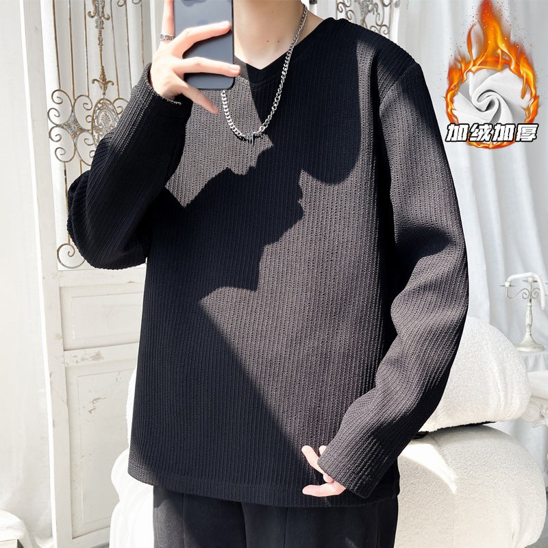 American Style Simple Long-Sleeved T-Shirt Men'S 2024 Japanese Style Design Loose Top Fleece-Lined Inner T-Shirt - Image 3