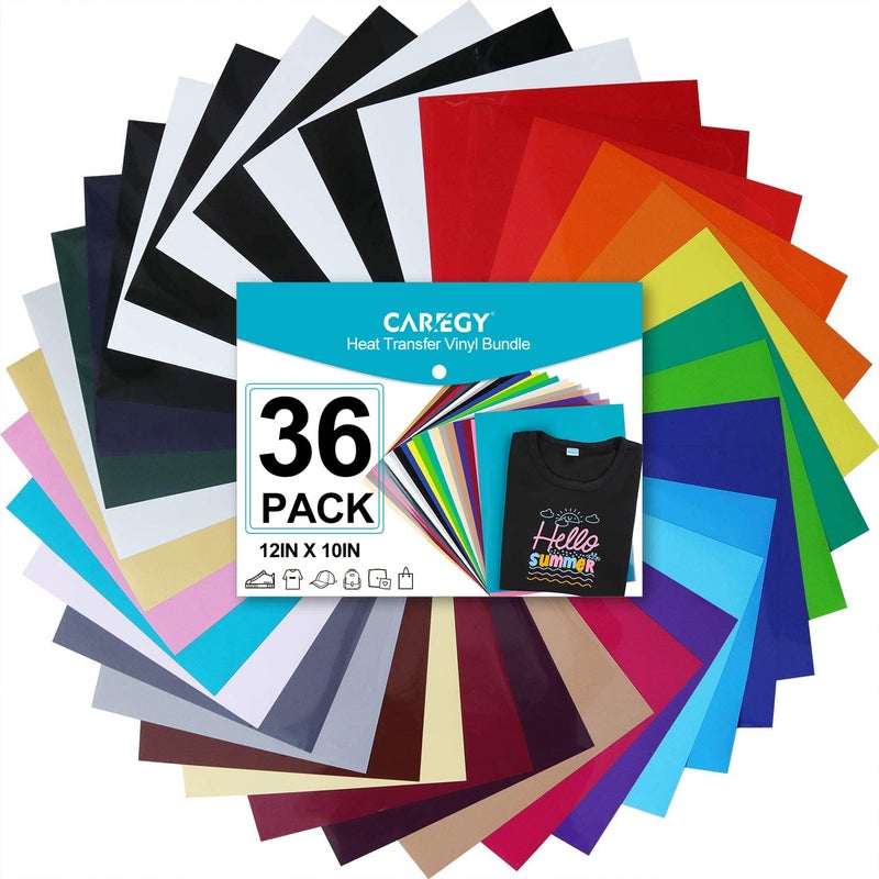 CAREGY CAREGY Heat Transfer Vinyl for TShirts 12inx10in 36 SheetsIron On Vinyl HTV Bundle
