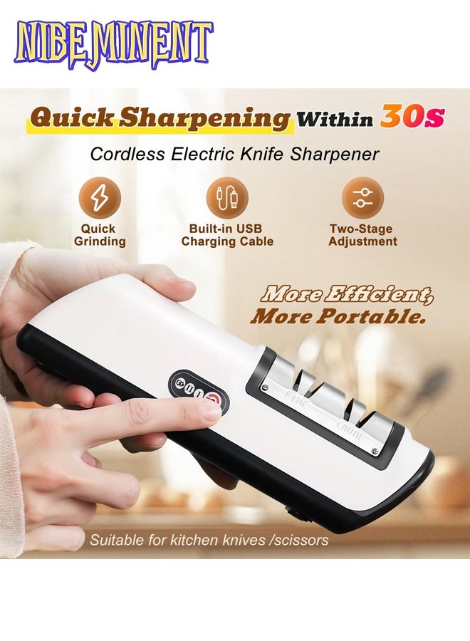 NIBEMINENT Electric Knife Sharpener, Home Kitchen Sharpening Stone Tool, Multi-Function Automatic USB Rechargeable Mini Knife Sharpener with 2 Speed Settings White/Black - Image 2