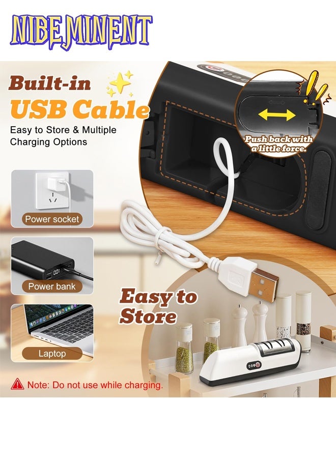 NIBEMINENT Electric Knife Sharpener, Home Kitchen Sharpening Stone Tool, Multi-Function Automatic USB Rechargeable Mini Knife Sharpener with 2 Speed Settings White/Black - Image 4