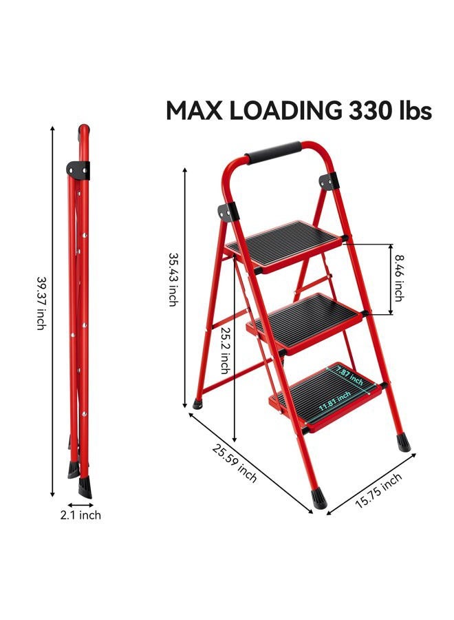 KINGRACK 3 Step Ladder, Folding Step Stool with Anti-Slip and Wide Pedal, Lightweight Stepladder with Handrails, Portable for Kitchen, Household, Red - Image 4
